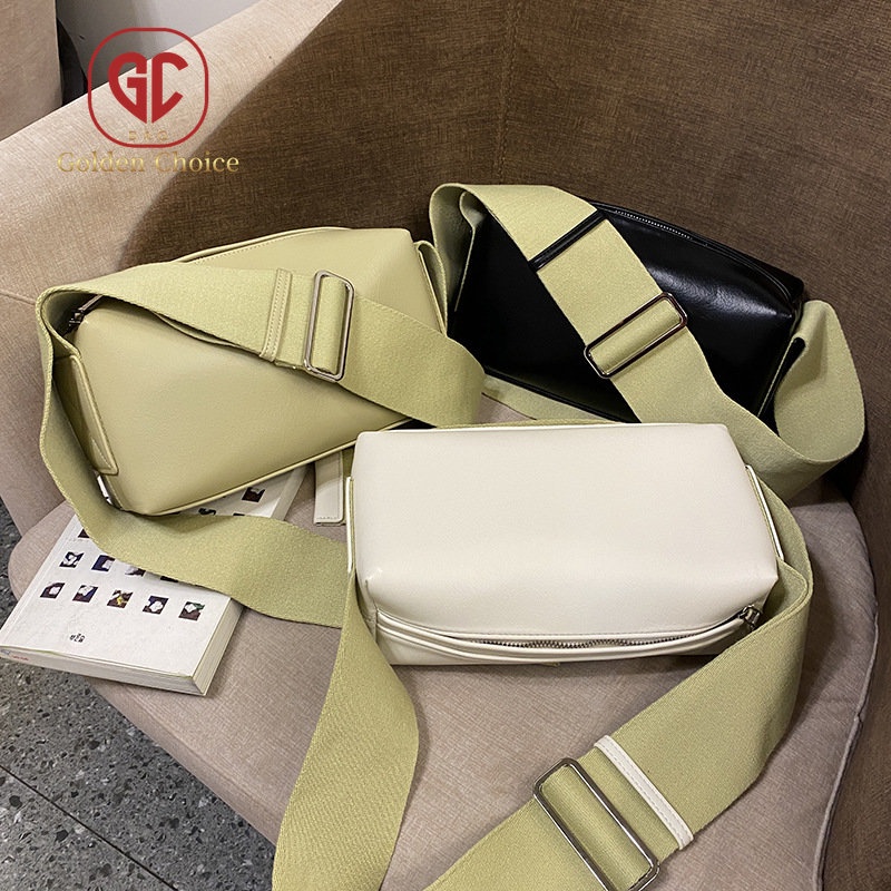 Túi Đeo Chéo Da PU Phối Vải Canvas Mềm Dây Bản Rộng Màu Sắc Tương Phản Thời Trang Mùa Hè Cho Nữ