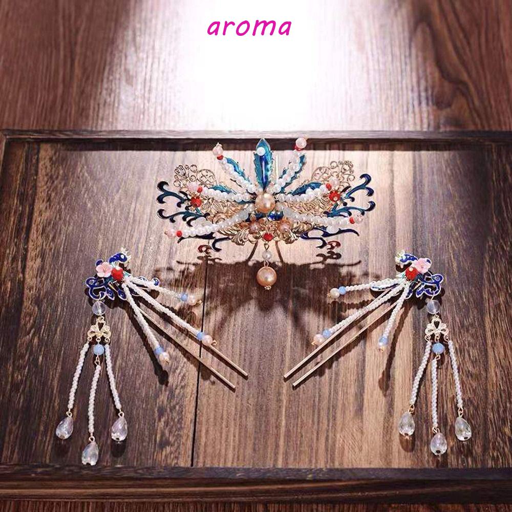 Lược Cài Tóc Hình Vương Miện Đính Hoa Phối Tua Rua Phong Cách Trung Hoa Cổ Điển Cho Bé Gái