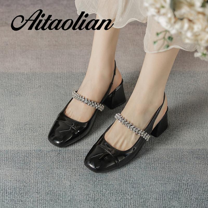 Xăng đan Cao Gót 5cm Bằng Da Bóng Mũi Tròn Đế Mềm Màu Trơn Cho Nữ mary jane