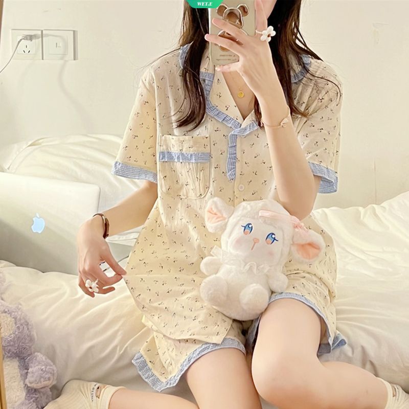 Bộ Đồ Ngủ Ngắn Tay Dáng Rộng In Hoa Dễ Thương Phong Cách Hàn Quốc Cho Nữ