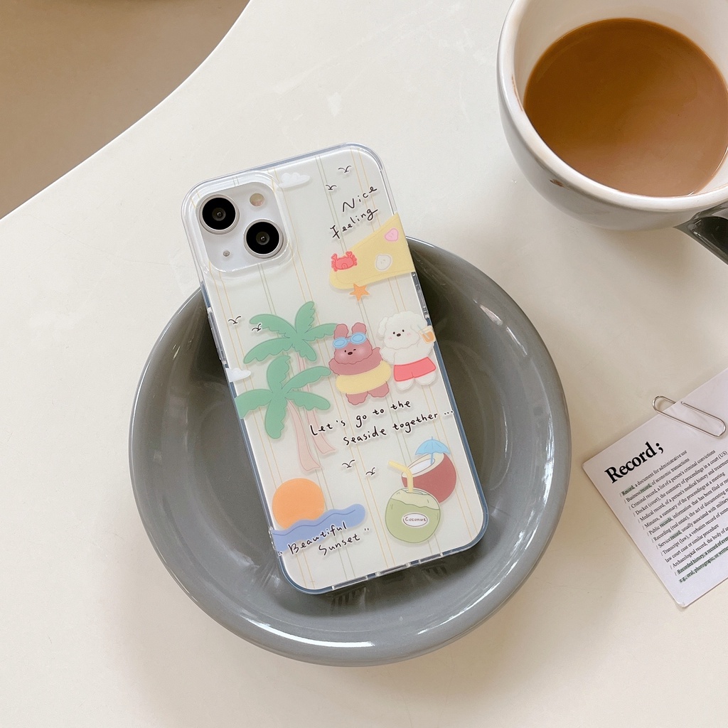 Ốp Điện Thoại Chống Sốc Hai Mặt Họa Tiết Cây Dừa Hoạt Hình Gắn Dây Đeo Cho IPhone 14 13 12 11 Pro Max