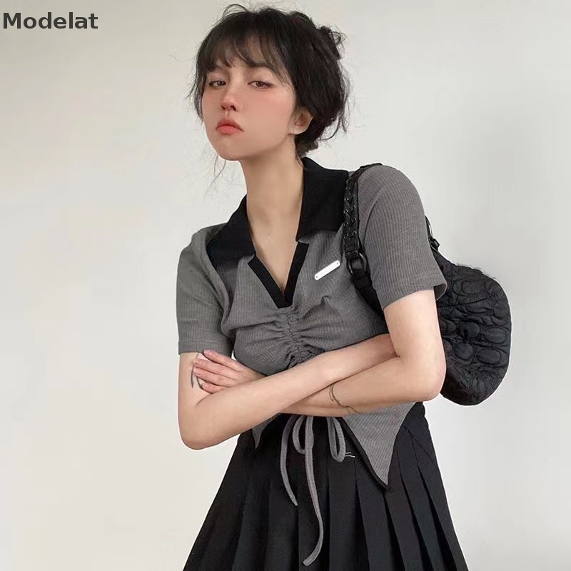 Áo Crop Top Tay Ngắn Cổ Chữ V Phối Dây Rút Màu Sắc Tương Phản Thời Trang Mùa Hè Cho Nữ