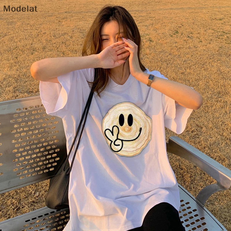 Áo Thun Tay Ngắn Cổ Tròn In Hình Mặt Cười Phong Cách Retro Mỹ Thời Trang Mùa Hè Cho Nữ