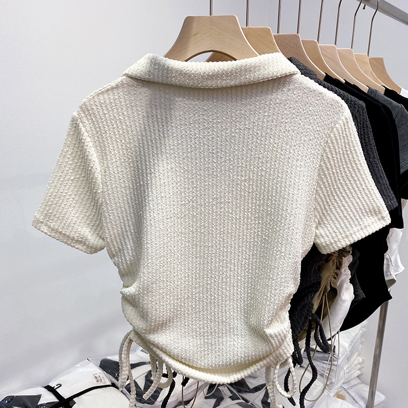 SUXI Áo polo Ngắn Tay Vải Cotton Phối Dây Rút Phong Cách Vintage