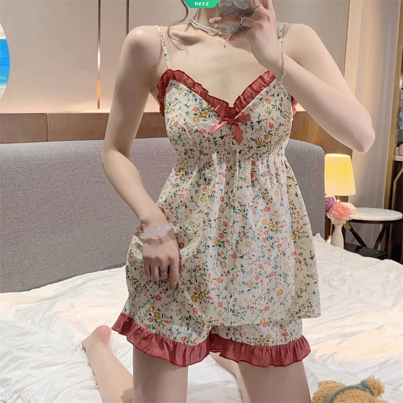 Bộ Đồ Ngủ Ngắn Hai Dây Họa Tiết Hoa Thời Trang Mùa Hè 2023 Phong Cách Hàn Quốc Cho Nữ