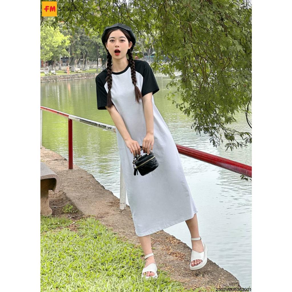 Đầm nữ dáng dài FMSTYLE form rộng cổ tròn tay phối màu chất vải mềm mát phong cách Hàn Quốc trẻ trung 23031648