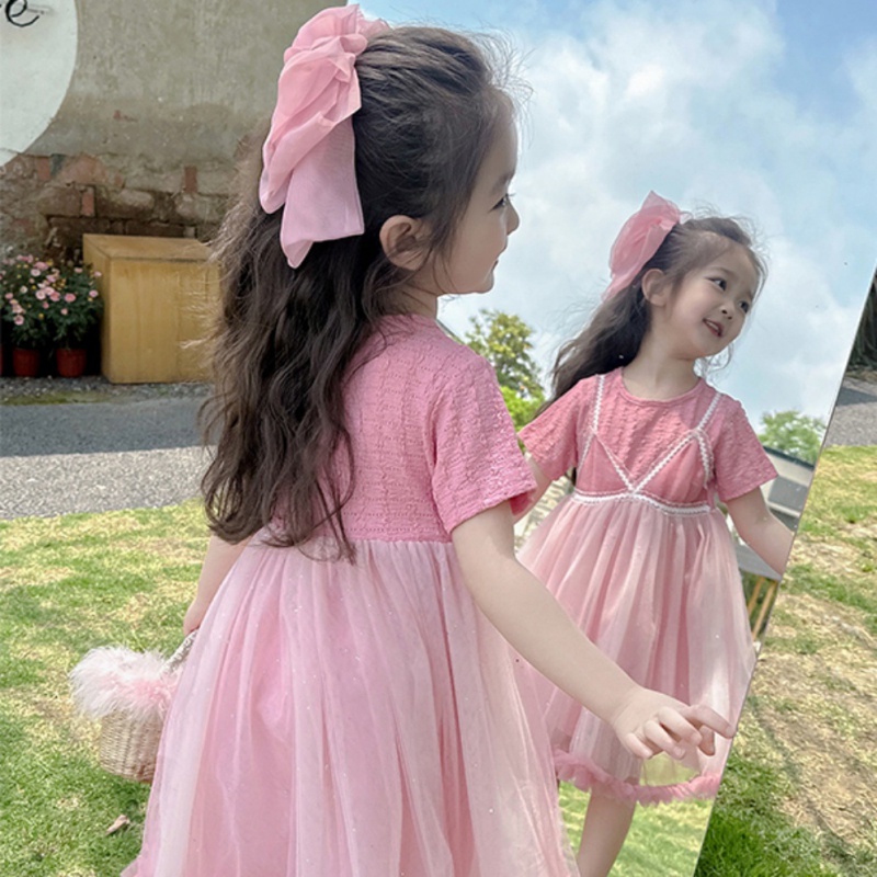 Đầm Công Chúa Phối Lưới Thoáng Khí Phong Cách Hàn Quốc Thời Trang Mùa Hè Xinh Xắn Cho Bé Gái