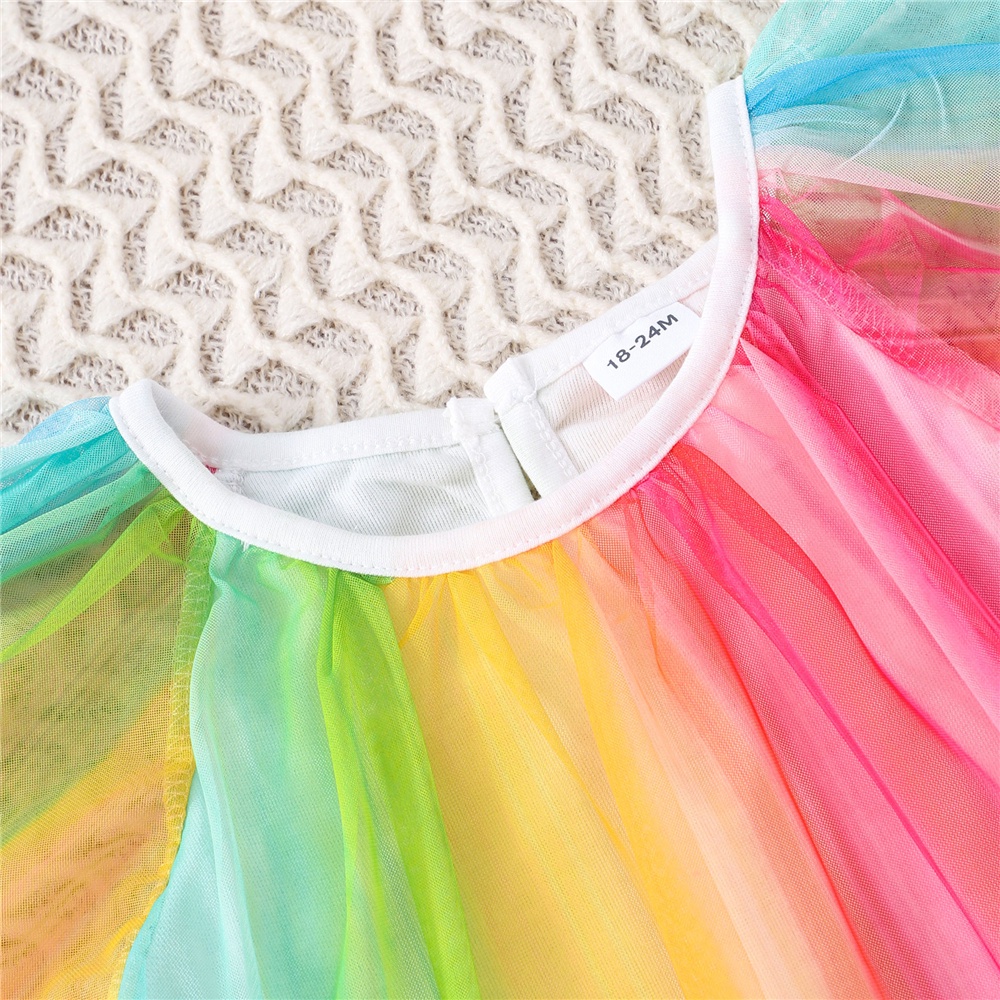 Đầm Xoè Tulle Tay Ngắn Hoạ Tiết Cầu Vồng Đáng Yêu Cho Bé 1-7 Tuổi