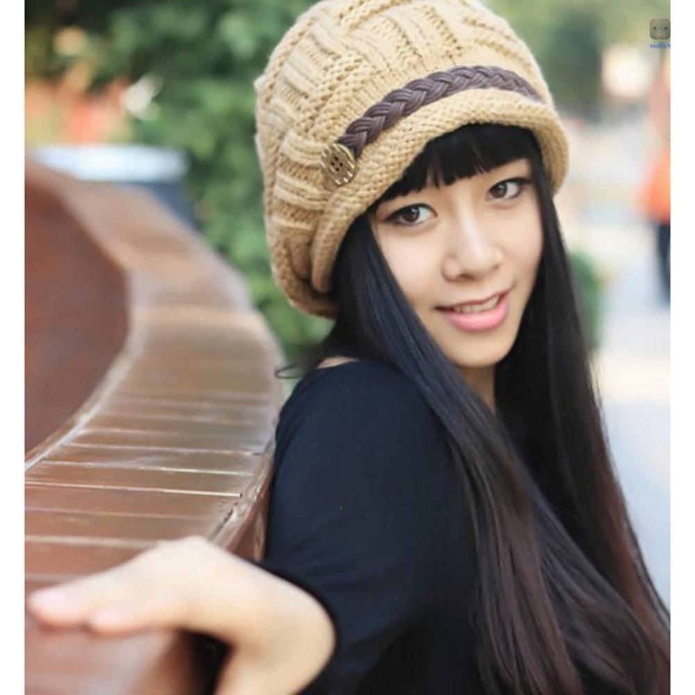 Mũ Len Beanie Dệt Kim Họa Tiết Kẻ Sọc Có Dây Thắt Lưng Bằng Da Thời Trang Mùa Đông Cho Nữ