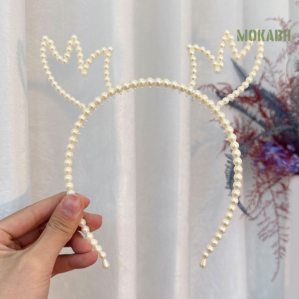 Băng Đô Hình Nơ Đính Ngọc Trai Giả Màu Trơn Co Giãn Dành Cho Nữ