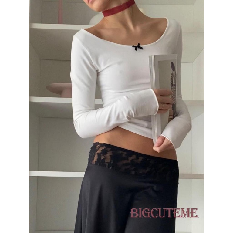 [] Áo Thun Tay Dài Cổ Xẻng Thắt Nơ Trước Dáng Ôm Màu Trắng / Đen Cơ Bản Dành Cho Bạn Nữ