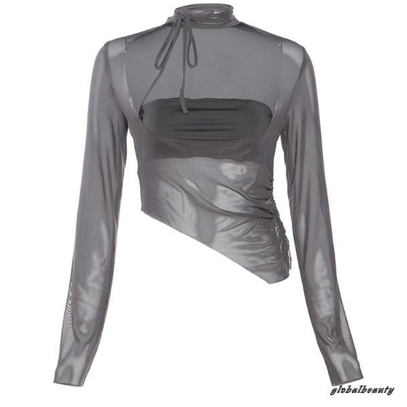 Áo Crop Top Tay Dài Cổ Vuông Phối Lưới Màu Sắc Thời Trang Dành Cho Nữ