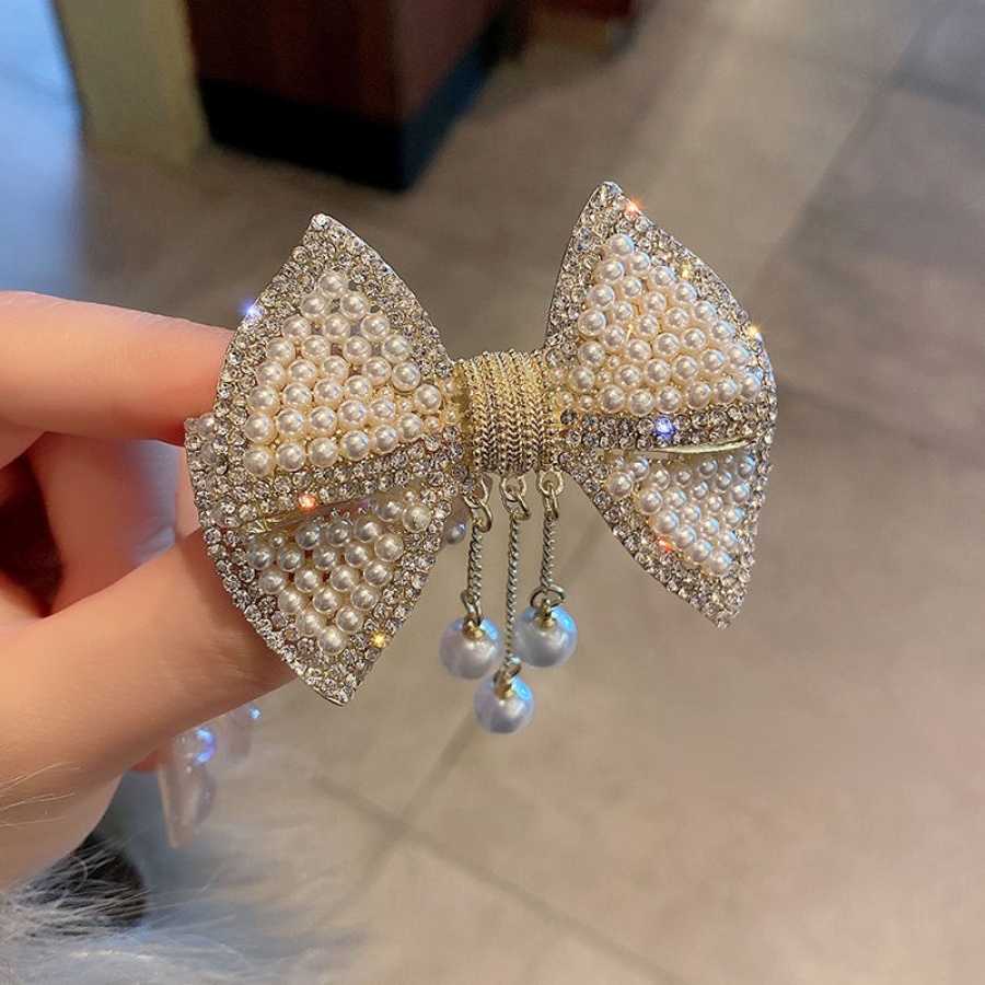 Kẹp Tóc Nơ Kim Loại Đính Đá &amp; Ngọc Trai Toàn Diện Thanh Lịch Cho Nữ