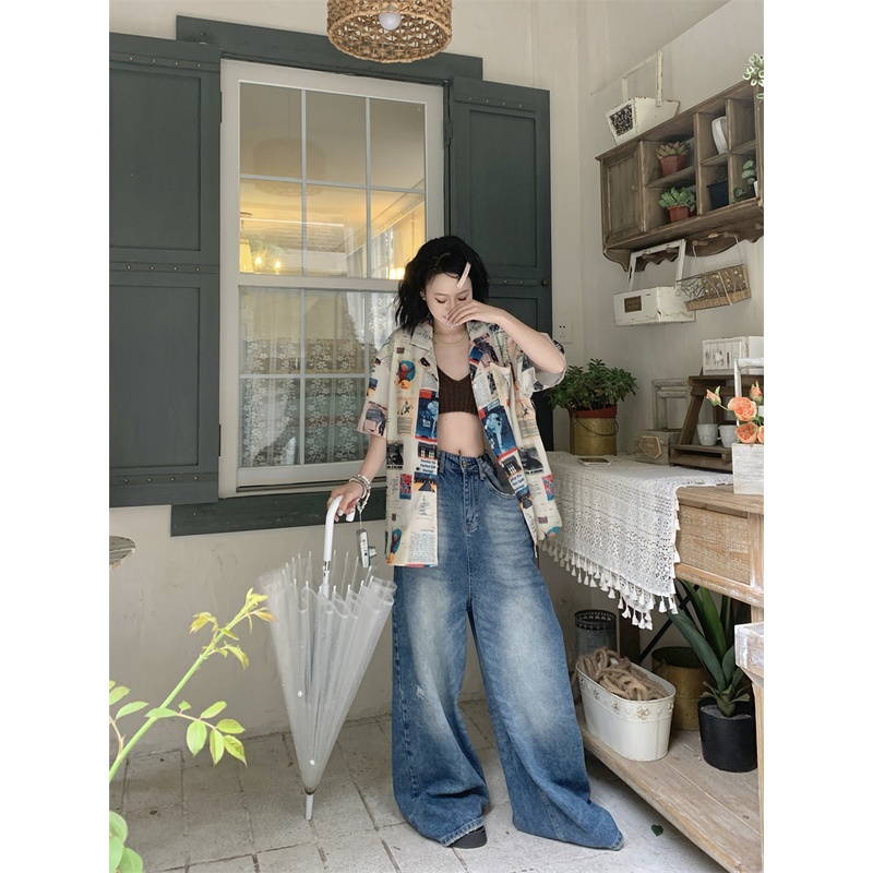 Áo Sơ Mi Nữ Ngắn Tay In Họa Tiết vintage Thời Trang