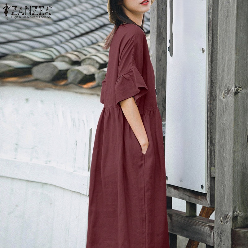 Đầm ZANZEA tay lửng xếp ly phong cách Hàn Quốc dành cho nữ