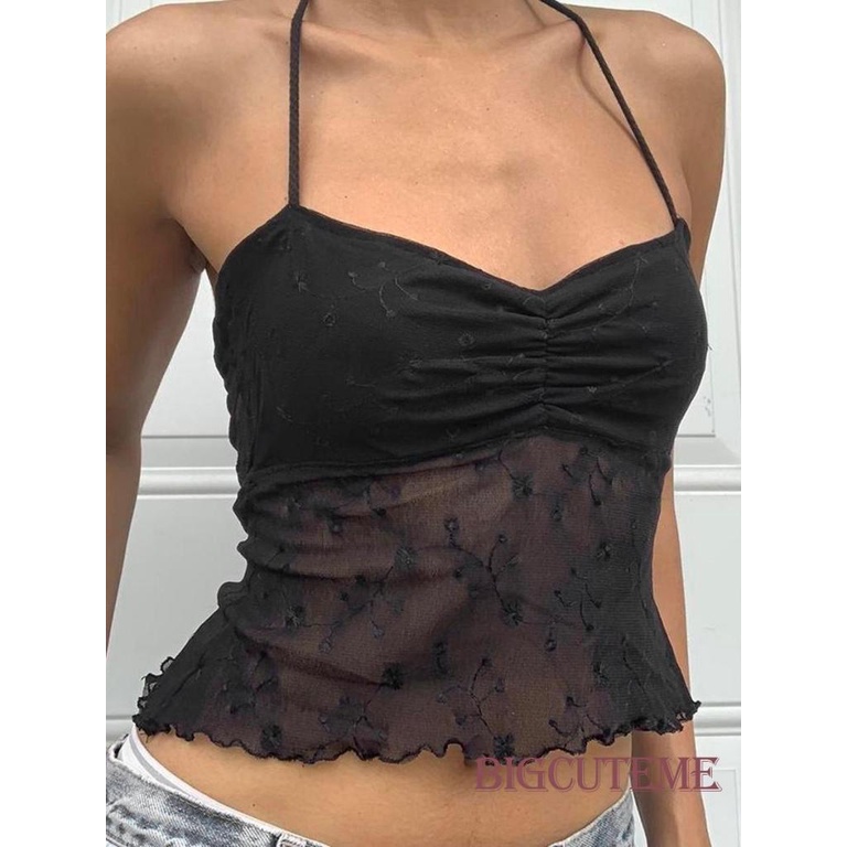 Áo Hai Dây Phối Ren Xuyên Thấu Màu Đen Thời Trang Mùa Hè Cho Nữ