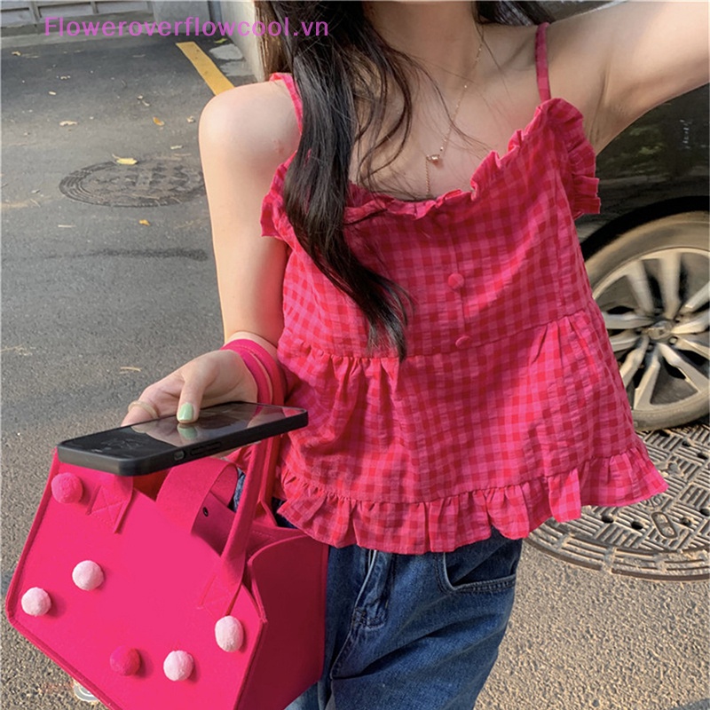 Áo Hai Dây Y2k Nhún Bèo Họa Tiết Sọc Caro Ngọt Ngào Thời Trang Đường Phố Cho Nữ