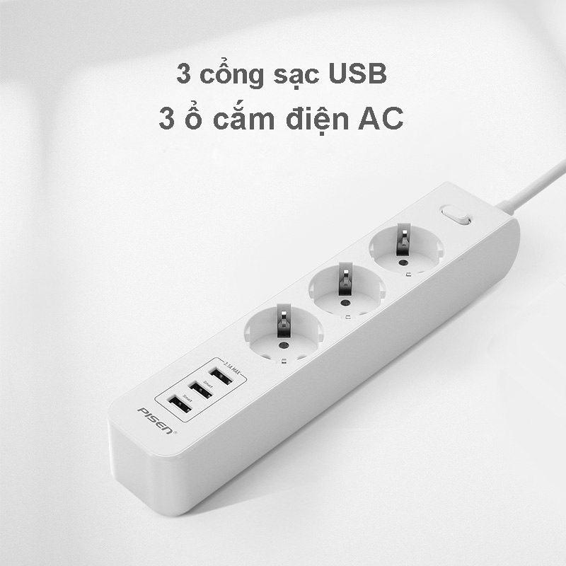 Ổ cắm điện Pisen 303-EP, 3 cổng sạc AC, 3 cổng sạc USB, bảo hành 18 tháng - Hàng chính hãng