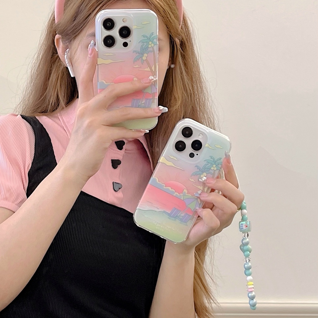 Ốp Điện Thoại Chống Sốc Hai Mặt Họa Tiết Cây Dừa / Bãi Biển Kèm Dây Đeo Dành Cho IPhone 14 13 12 11 Pro Max