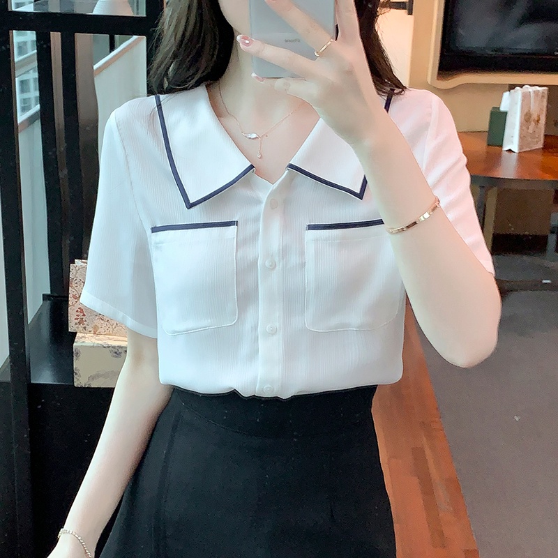 Áo Sơ Mi Satin Tay Ngắn Màu Sắc Tương Phản Phong Cách Pháp Chất Lượng Cao Cho Nữ