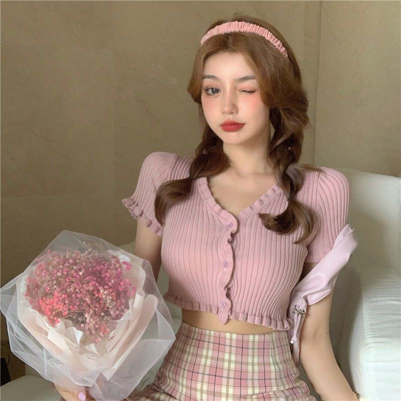 COZOK Áo Thun Dệt Kim Tay Ngắn Dáng Rộng Màu Trơn Dễ Phối Đồ Hợp Thời Trang