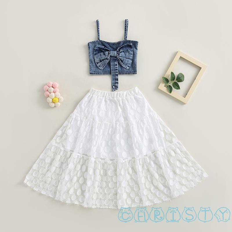 Set Áo Thun Không Tay Phối Chân Váy Chữ A Xuyên Thấu Chấm Bi Thời Trang Cho Bé Gái