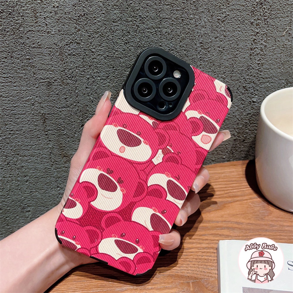 Ốp Điện Thoại Da Giả Viền TPU Dẻo Họa Tiết Chú Gấu &amp; Dâu Tây Màu Hồng Cho IPhone 14 Pro Max 11 12 11 Pro Max X 7Plus