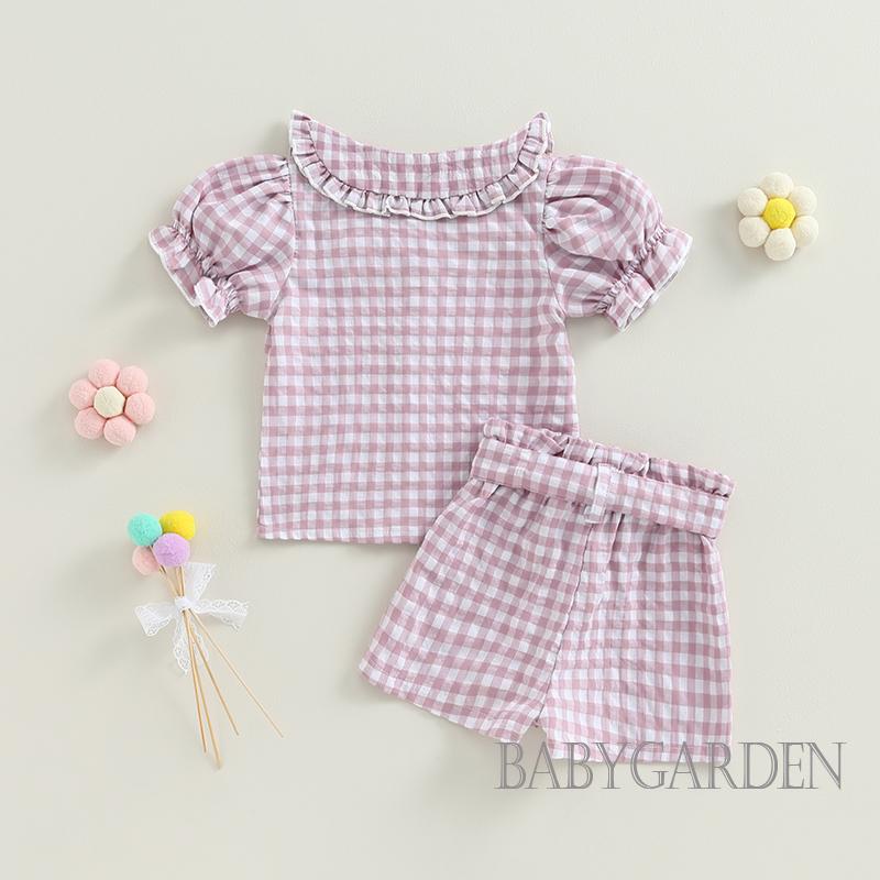Bộ Áo Sơ Mi Ngắn Tay Cổ Búp Bê In Họa Tiết Caro + Quần Short Thời Trang Cho Bé Gái Từ 2-6 Tuổi