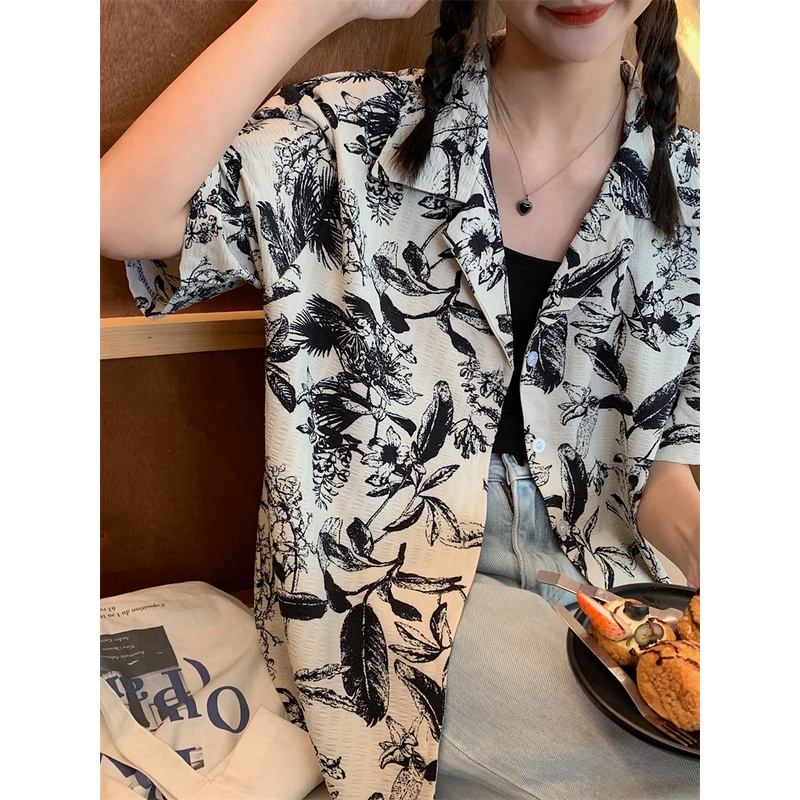 Áo Sơ Mi Tay Ngắn Dáng Rộng In Màu Mực Vintage Thời Trang Mùa Hè Mới Cho