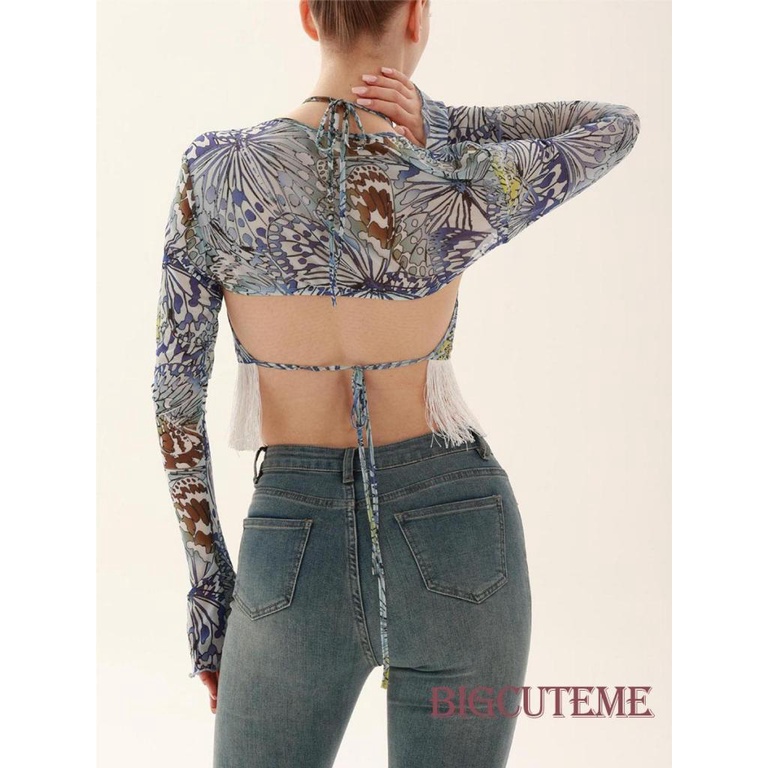 [] - Bộ Áo 2 Cái Cho Phụ Nữ.Set Áo Tay Dài + Áo Hai Dây Họa Tiết Bướm Xinh Xắn Thời Trang