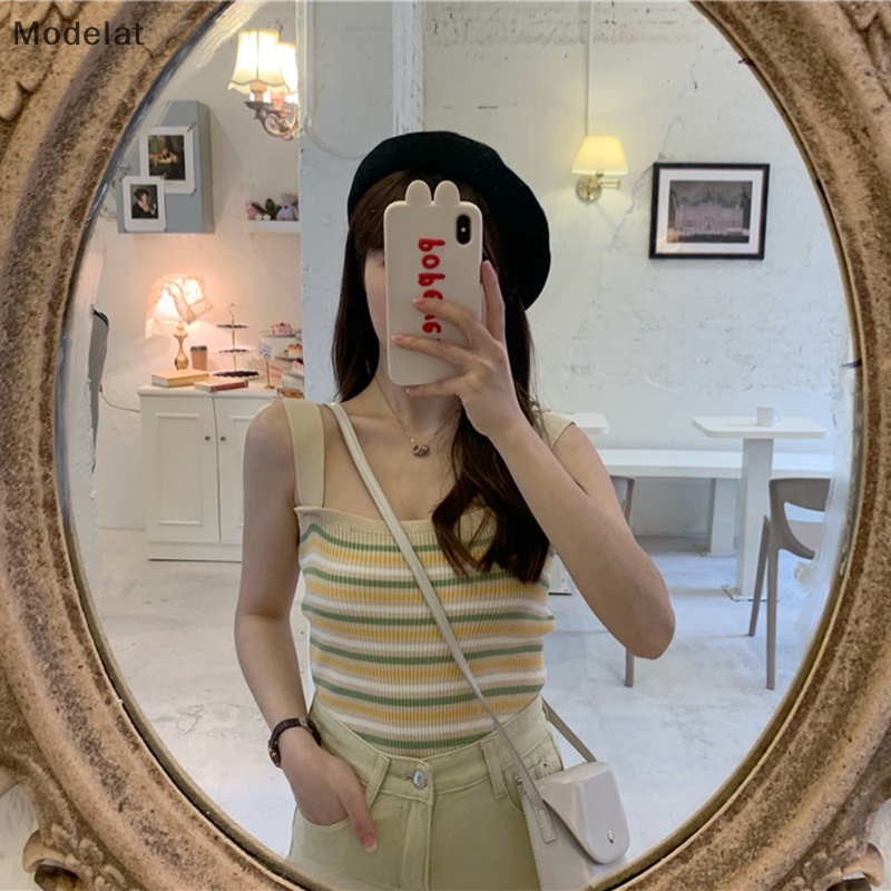 Áo Dệt Kim Hai Dây Dáng Ôm In Họa Tiết Kẻ Sọc Phong Cách Vintage Thời Trang Mùa Hè Dành Cho Nữ