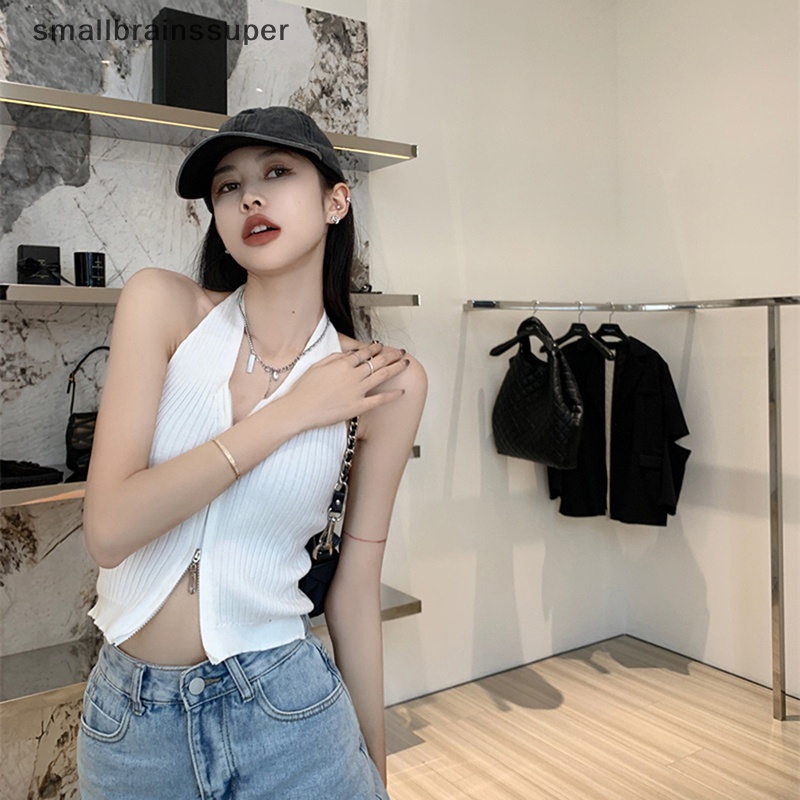 Áo Croptop Hai Dây Cổ Chữ V Phối Khóa Kéo Phong Cách Đường Phố Gợi Cảm Cho Nữ SBS