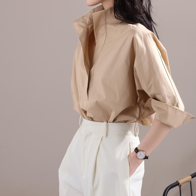 IELGY  Áo Sơ Mi Rộng Cổ Đứng Cài Nút Màu Trơn Thời Trang Dành Cho Nữ