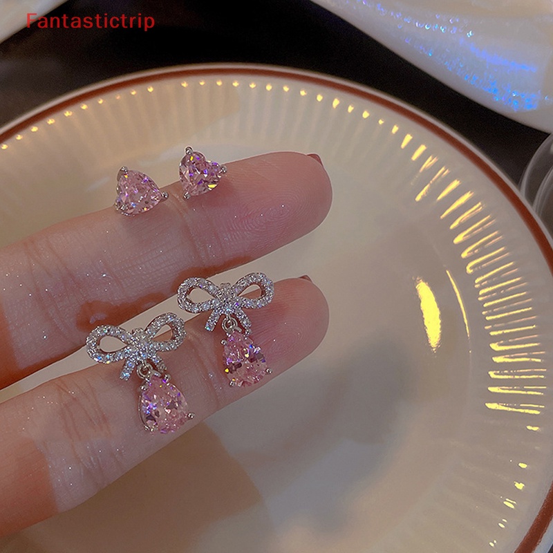 Set 1 / 2 Đôi Khuyên Tai Đính Đá Zircon Hồng Hình Giọt Nước Thanh Lịch Cho Nữ Mới