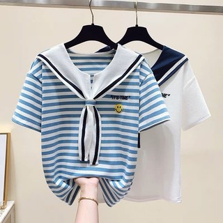 Áo Thun Ngắn Tay Cổ Thắt Nơ Thêu Chữ Phong Cách Preppy Thời Trang Mùa Hè 2023 Cho Nữ