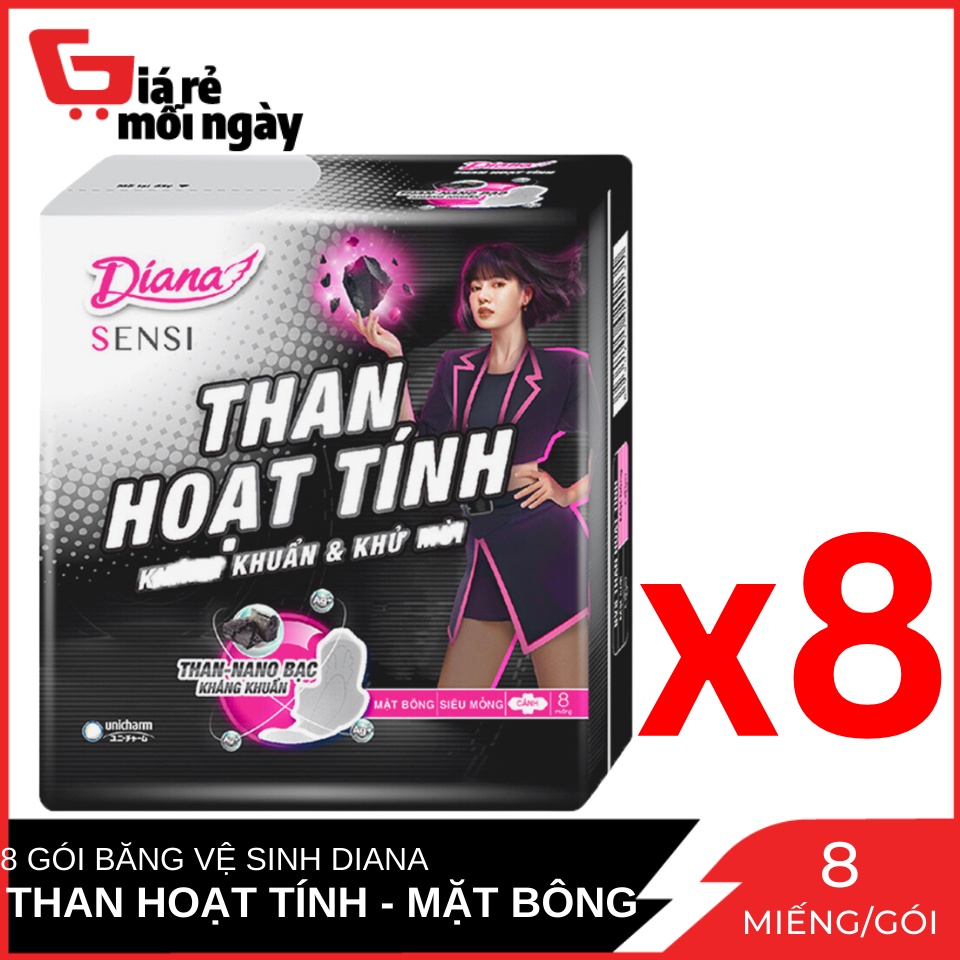 Combo 8 Gói Băng Vệ Sinh Diana Than Hoạt Tính mặt bông siêu thấm siêu mỏng cánh Gói 8 miếng x8