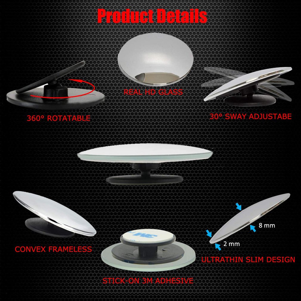 2Pcs Car Rearview Mirror Round Reflective Blind Spot Adjustable 360 Degree Borderless Auxiliary [Q/6]