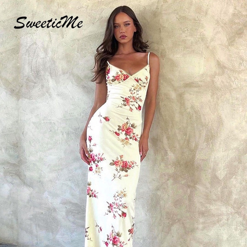 Đầm Dài Cổ Chữ V Dáng Ôm In Họa Tiết Thời Trang 2023 Quyến Rũ Cho Nữ