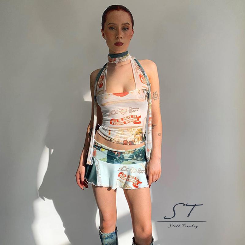 Áo Hai Dây Dáng Ngắn In Họa Tiết Trái Tim / Chữ Phong Cách Cổ Điển Thời Trang Mùa Hè CY03