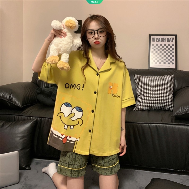 Bộ Đồ Ngủ Ngắn Tay Dáng Rộng In Hoạt Hình SpongeBob Thời Trang Mùa Hè 2023 Cho Nữ