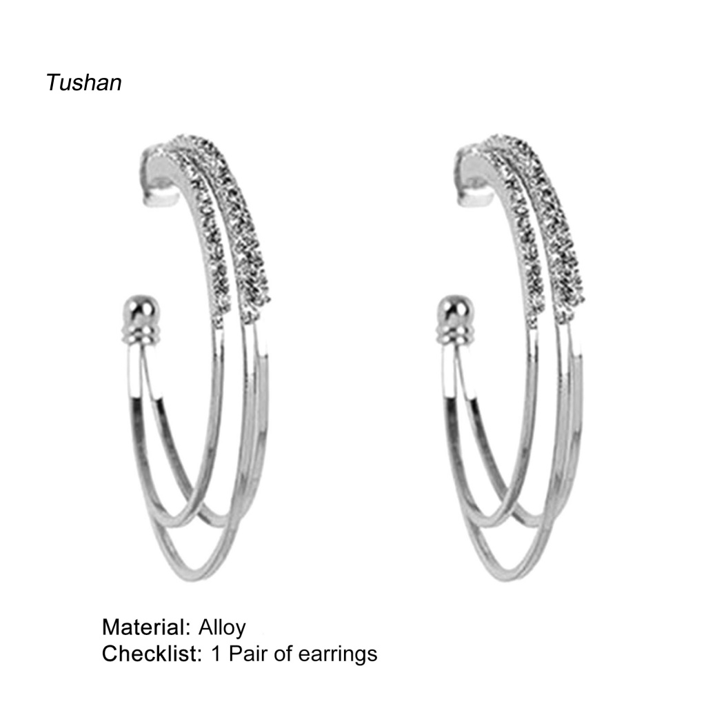 1 Đôi Bông Tai Ba Lớp Hình Chữ C Đính Đá Lấp Lánh Dành Cho Nữ