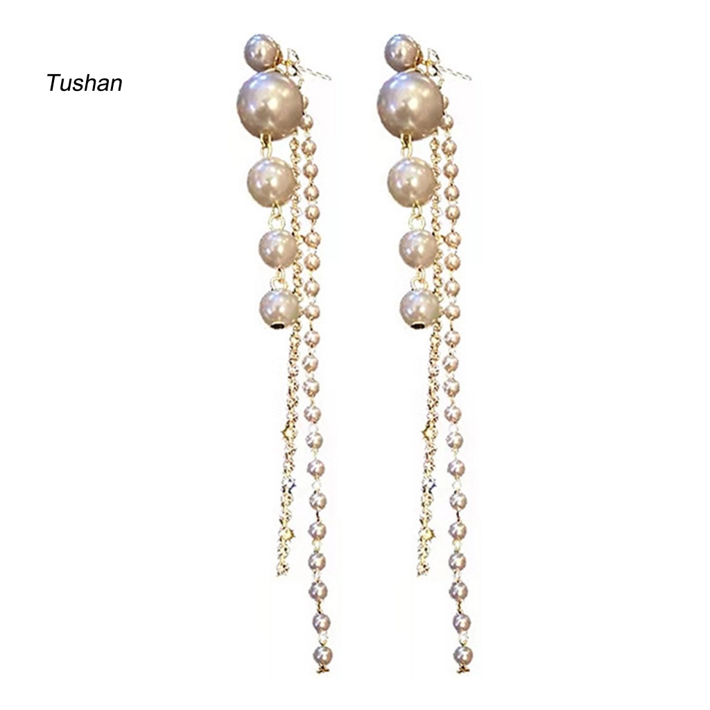 1 Cặp Bông Tai Tua Rua Dài Đính Ngọc Trai Giả Lấp Lánh