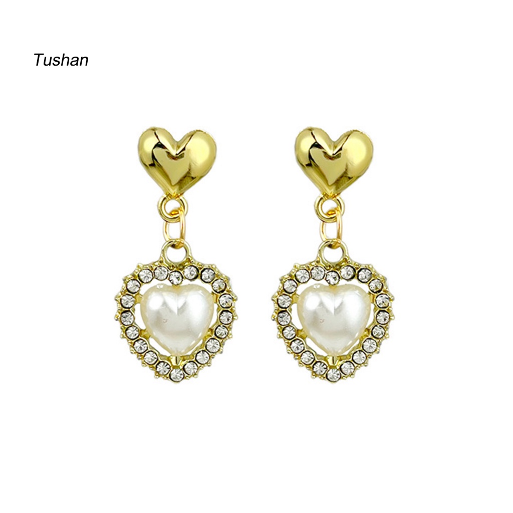 1 Đôi Bông Tai Hình Trái Tim Đính Ngọc Trai Nhân Tạo Thời Trang