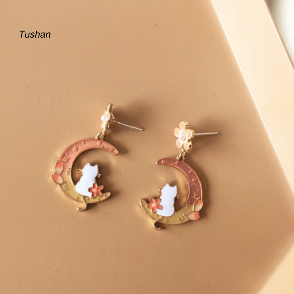 1 Đôi Bông Tai Xỏ Lỗ Mạ Điện Họa Tiết Hoa / Mặt Trăng / Thỏ Dễ Thương Dành Cho Nữ