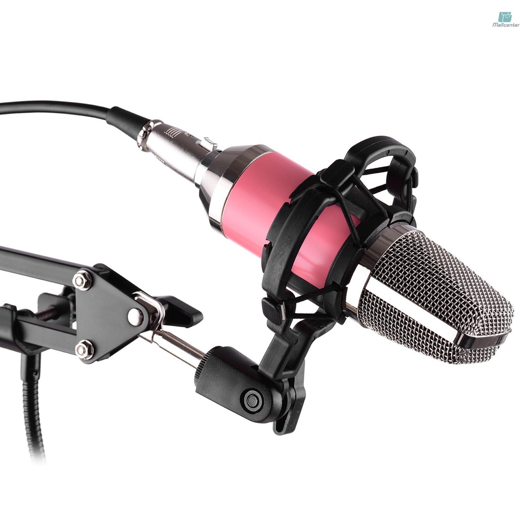 Professional Broadcasting Studio Recording Condenser Microphone Kit with External Sound Card + Mic Windscreen + Shock Mount + Adjustable Suspension Scissor Arm Stand + Mounting Clamp + Pop Filter + Au