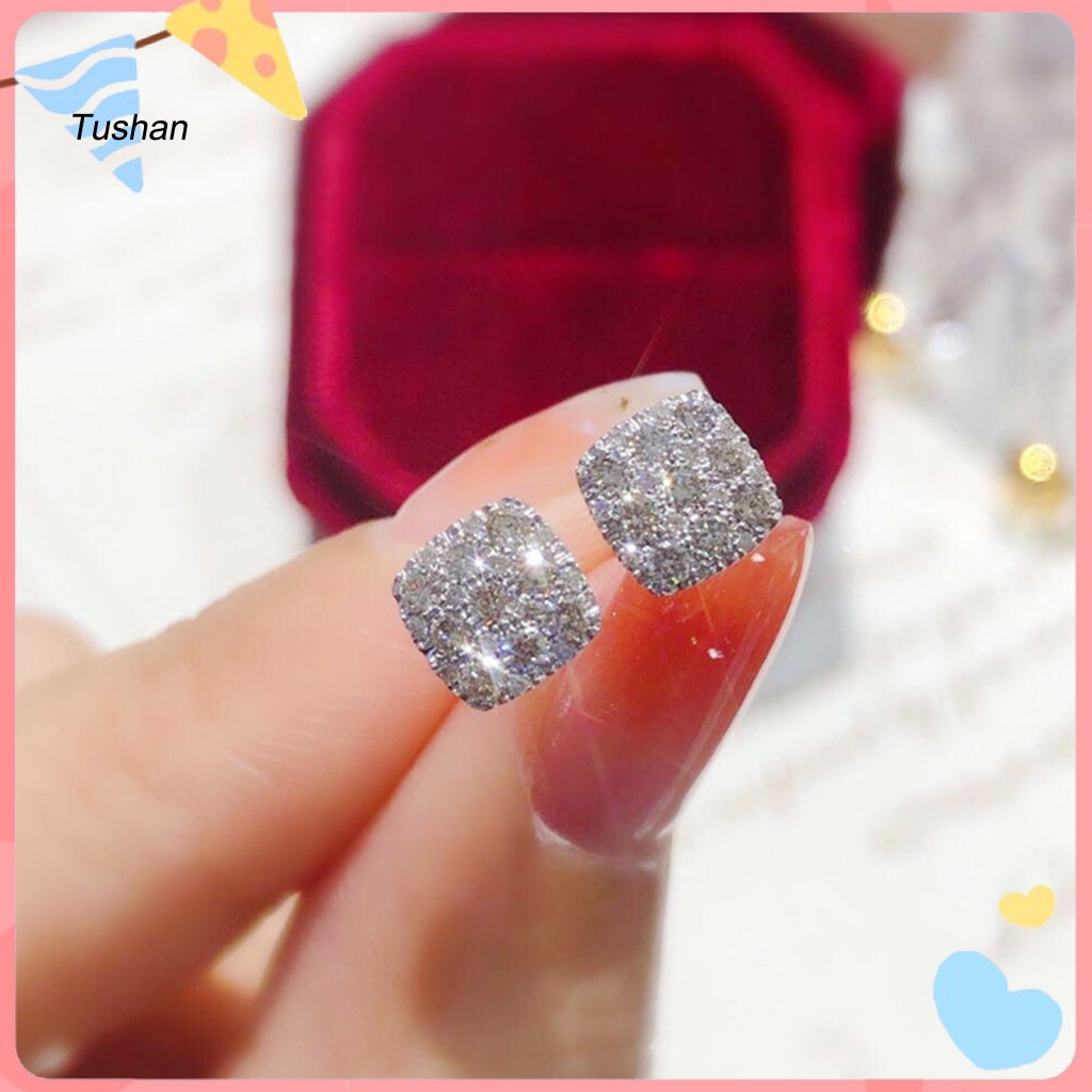 1 Đôi Bông Tai Hình Vuông Nhỏ Gọn Đính Đá Bắt Mắt Thời Trang Dành Cho Nữ