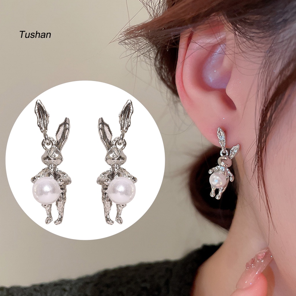 1 Đôi Bông Tai Bạc Hình Thỏ May Mắn Đính Ngọc Trai Giả Dễ Thương