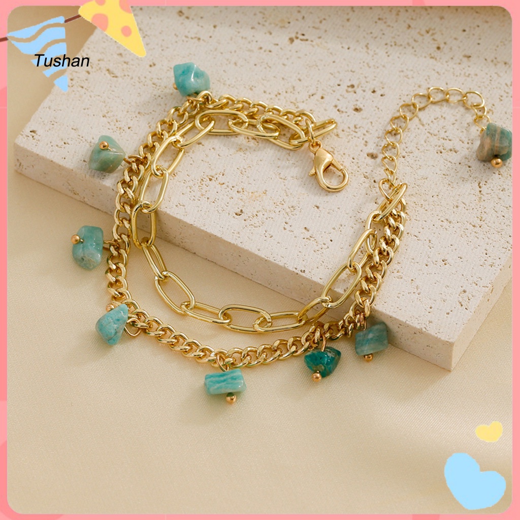 Vòng Đeo Tay Hai Lớp Đính Đá Ngọc Lam Nhân Tạo Phong Cách Bohemian Dành Cho Nữ