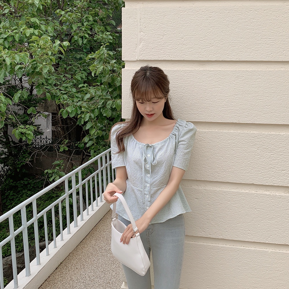 SUXI Áo Croptop Tay Ngắn Cổ Vuông Rút Dây Họa Tiết Sọc Caro Phong Cách Hàn Quốc