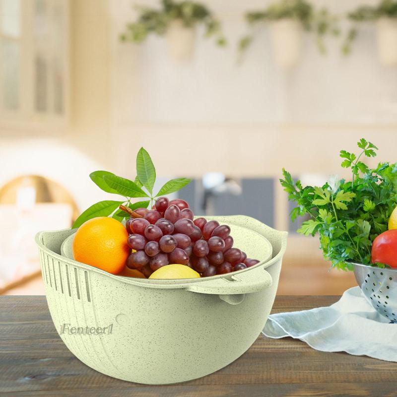 [Fenteer1] Rổ Rửa Trái Nho Pasta Pasta Hai Lớp Thoát Nước Có Thể Xoay